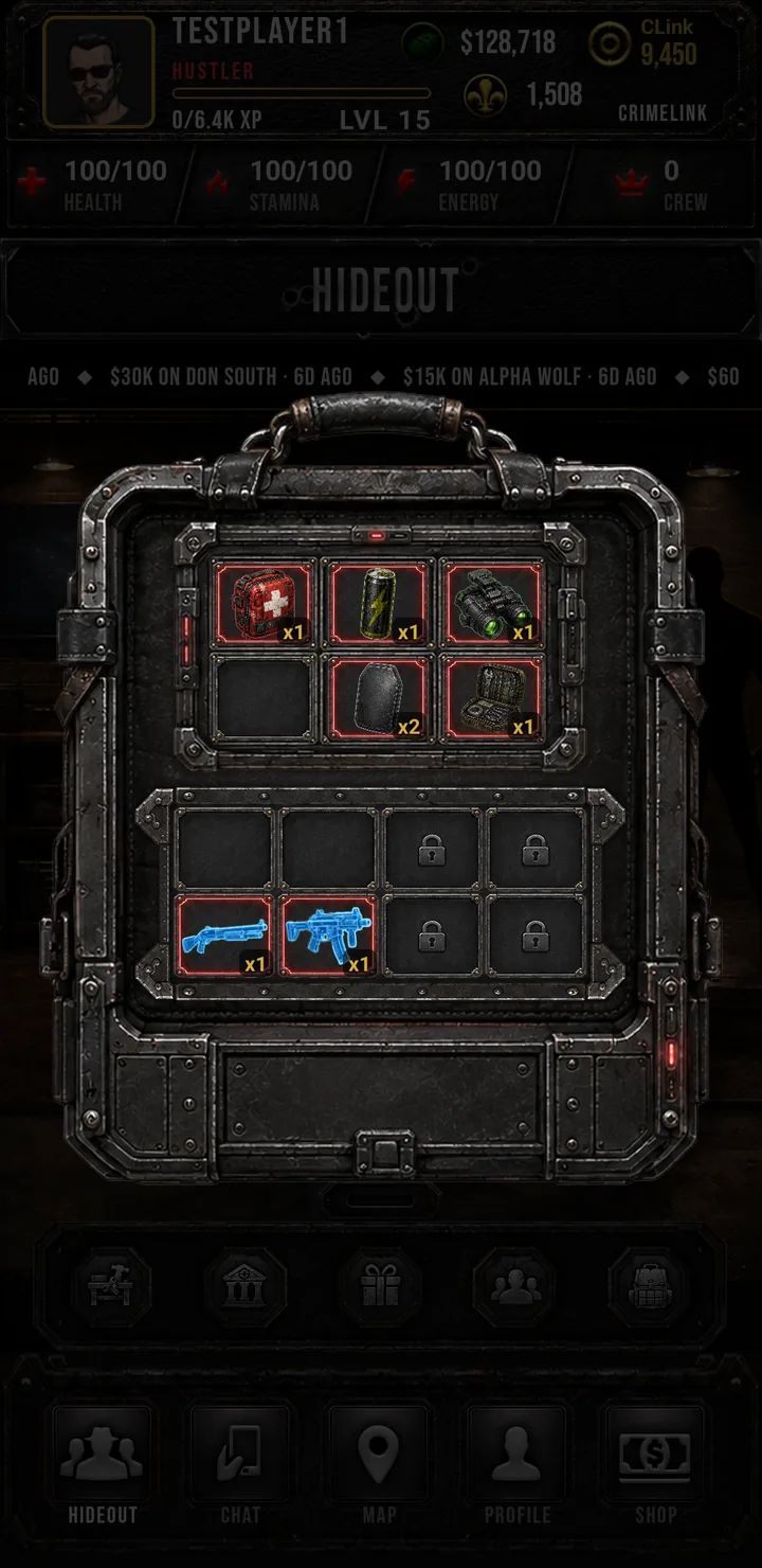 Crimelink backpack case: consumables and weapon slots in an armored carry case