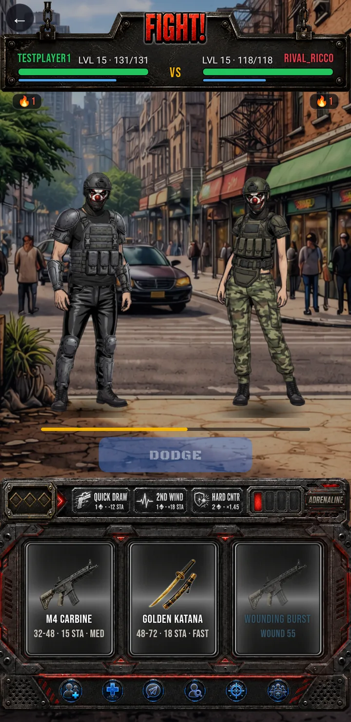 Crimelink live duel: two masked fighters face off in the street under a FIGHT! banner, with weapon loadout and skill chips below