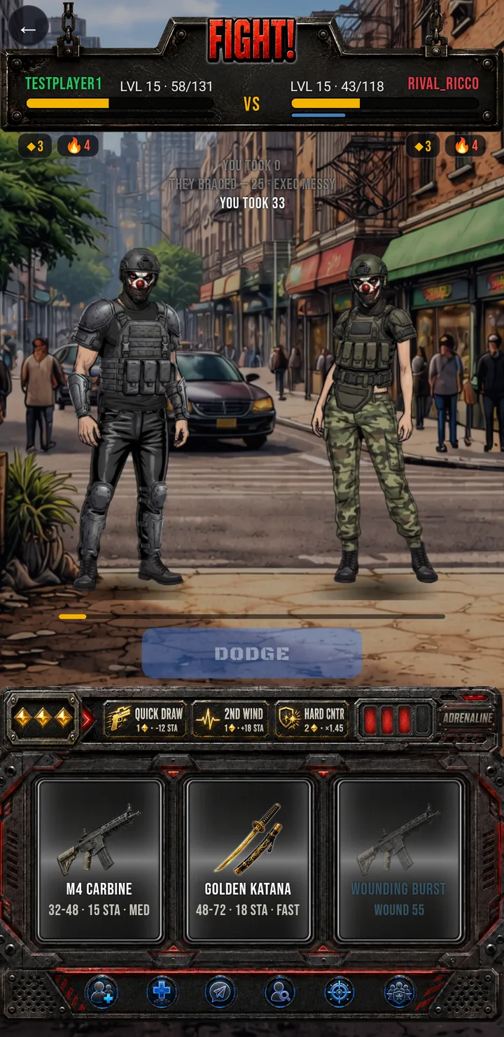 Crimelink duel mid-fight: health bars drained, combat log reading YOU TOOK 33, momentum pips lit and heat stacks burning