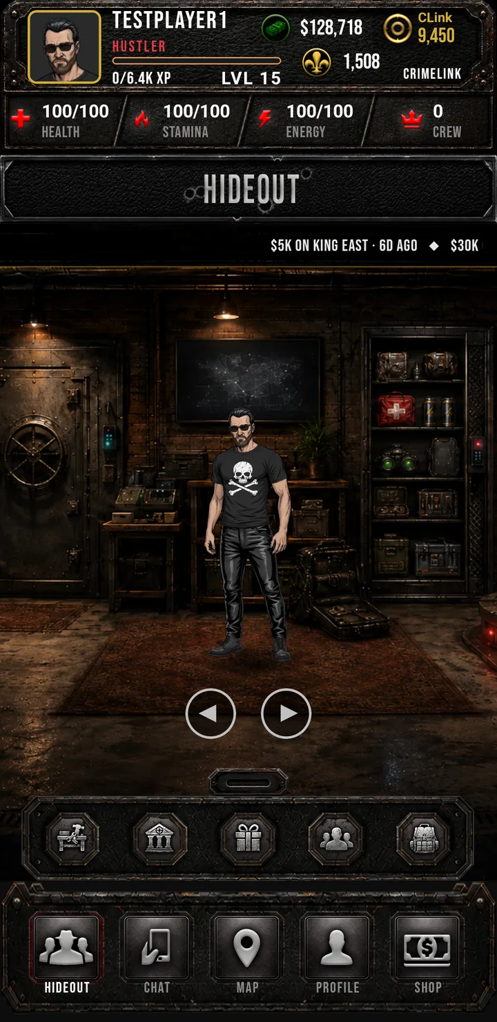 Crimelink hideout: the player's character standing in a panoramic safehouse room between a vault door and a gear locker