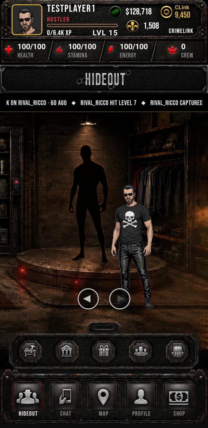 Crimelink hideout pedestal room: a spotlit mannequin silhouette on a display platform beside the player's character