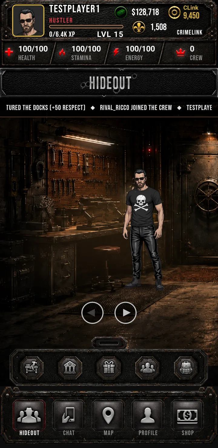 Crimelink hideout workshop wall: pegboard of tools beside the vault, character standing by the bench