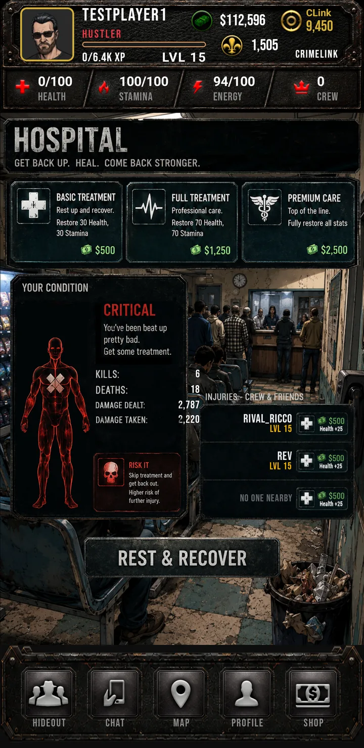 Crimelink hospital screen: player in critical condition choosing between treatments or risking it and heading back out
