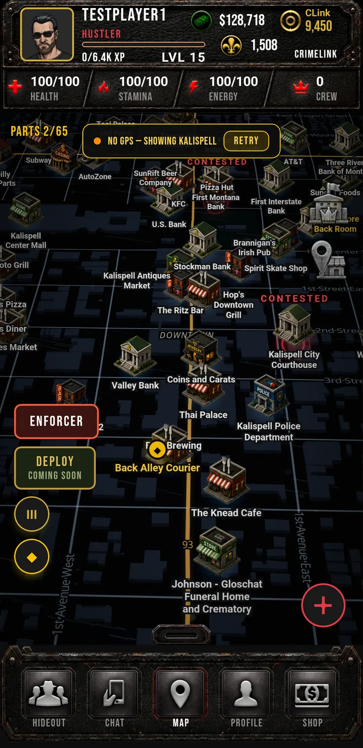 Crimelink neon-noir city map of downtown Kalispell with named venues, contested territory, and glowing streets