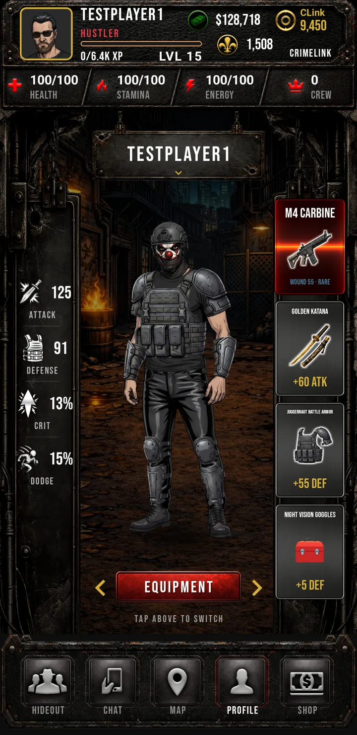 Crimelink profile screen: a masked operative in tactical armor with attack, defense, crit, and dodge stats and an equipped M4 Carbine