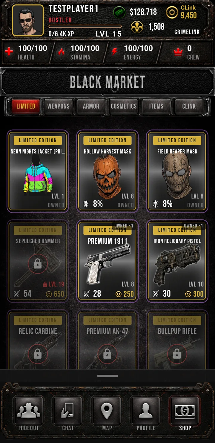 Crimelink Black Market shop with limited-edition masks, a Premium 1911, and Clink-priced weapon cards