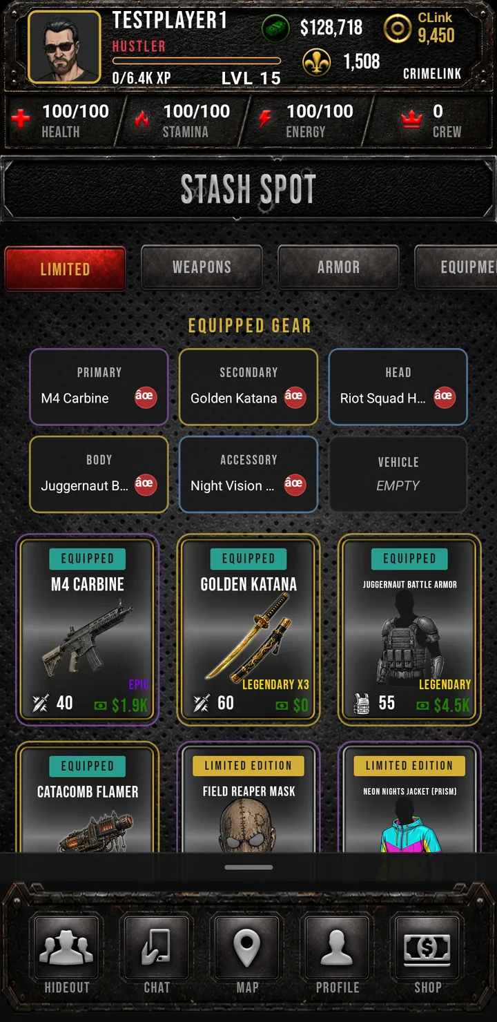 Crimelink stash spot screen: equipped gear slots and weapon cards including an epic M4 Carbine and a legendary Golden Katana