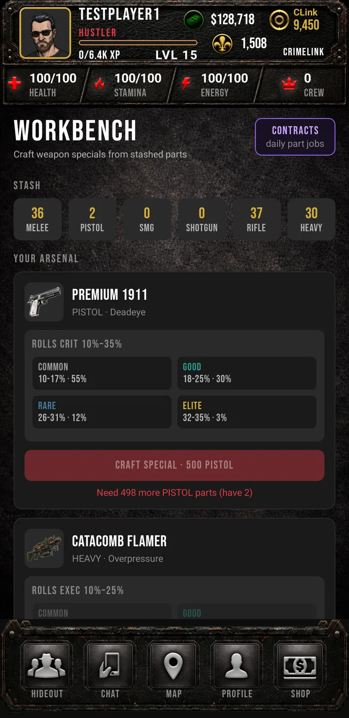 Crimelink workbench: stashed weapon parts by class and craft-special roll odds for a Premium 1911